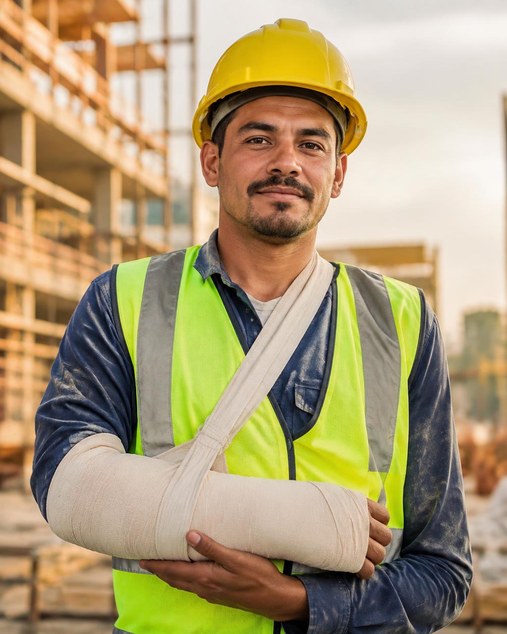 Profissional da construção civil com o braço imobilizado