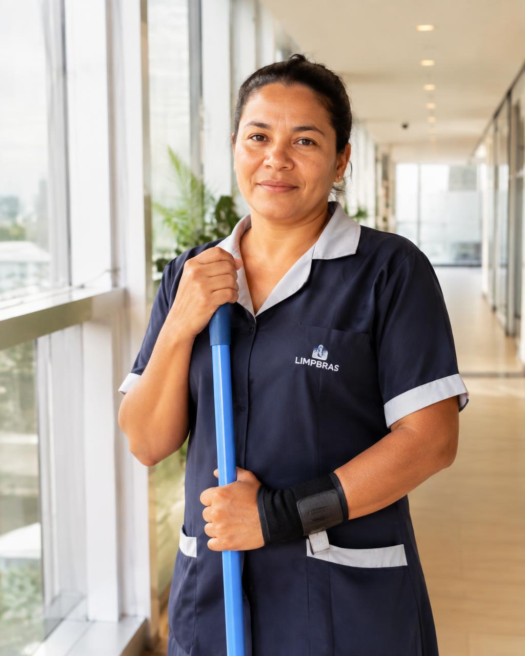 Auxiliar de limpeza com proteção no punho