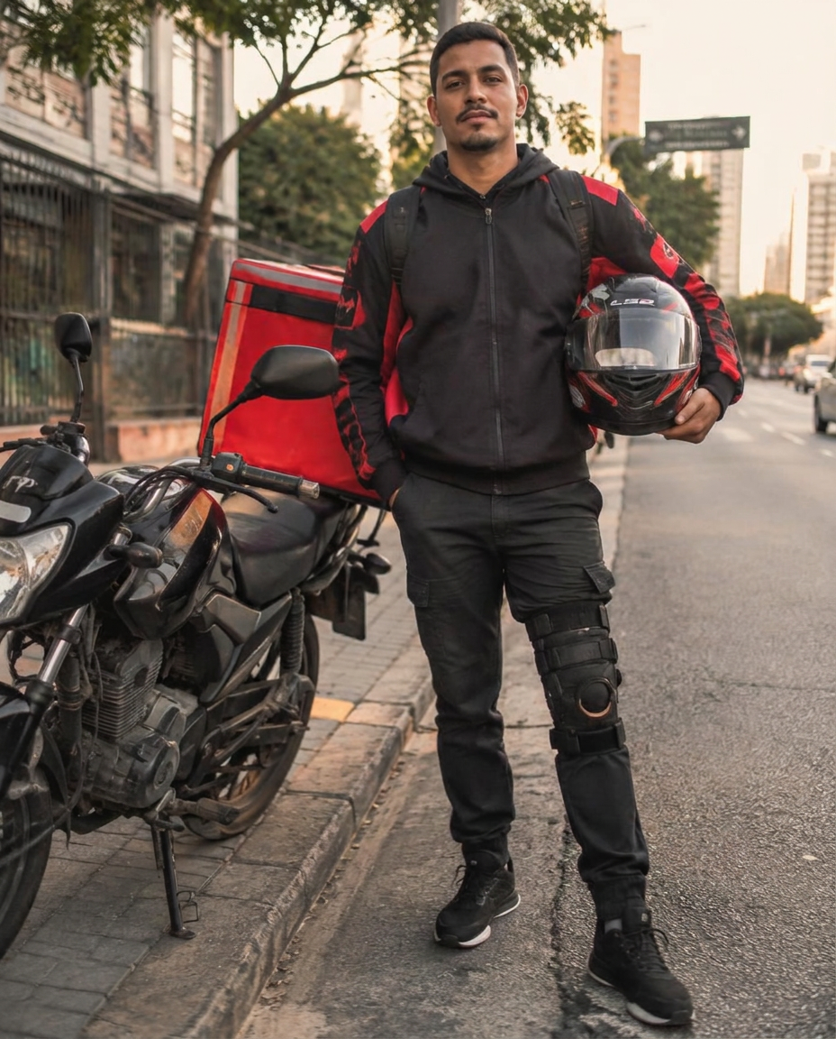 Motoboy com joelheira ao lado da moto